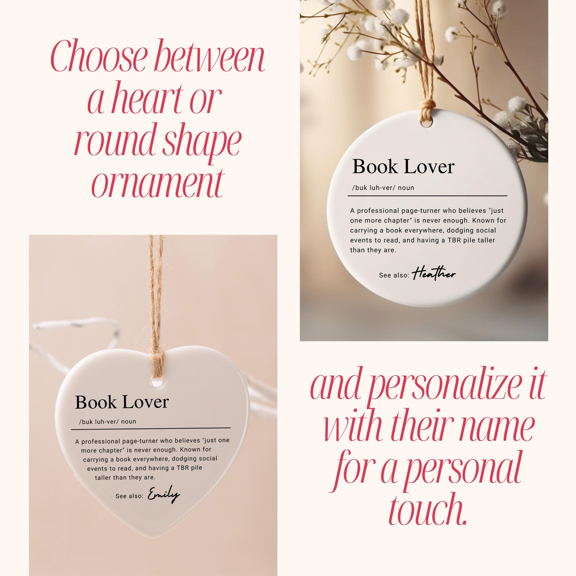 Personalized Book Lover Keepsake Ornament, Custom Ceramic Name Definition Ornament, Christmas Gift for Bookworm & Reader, Birthday Gift Idea
