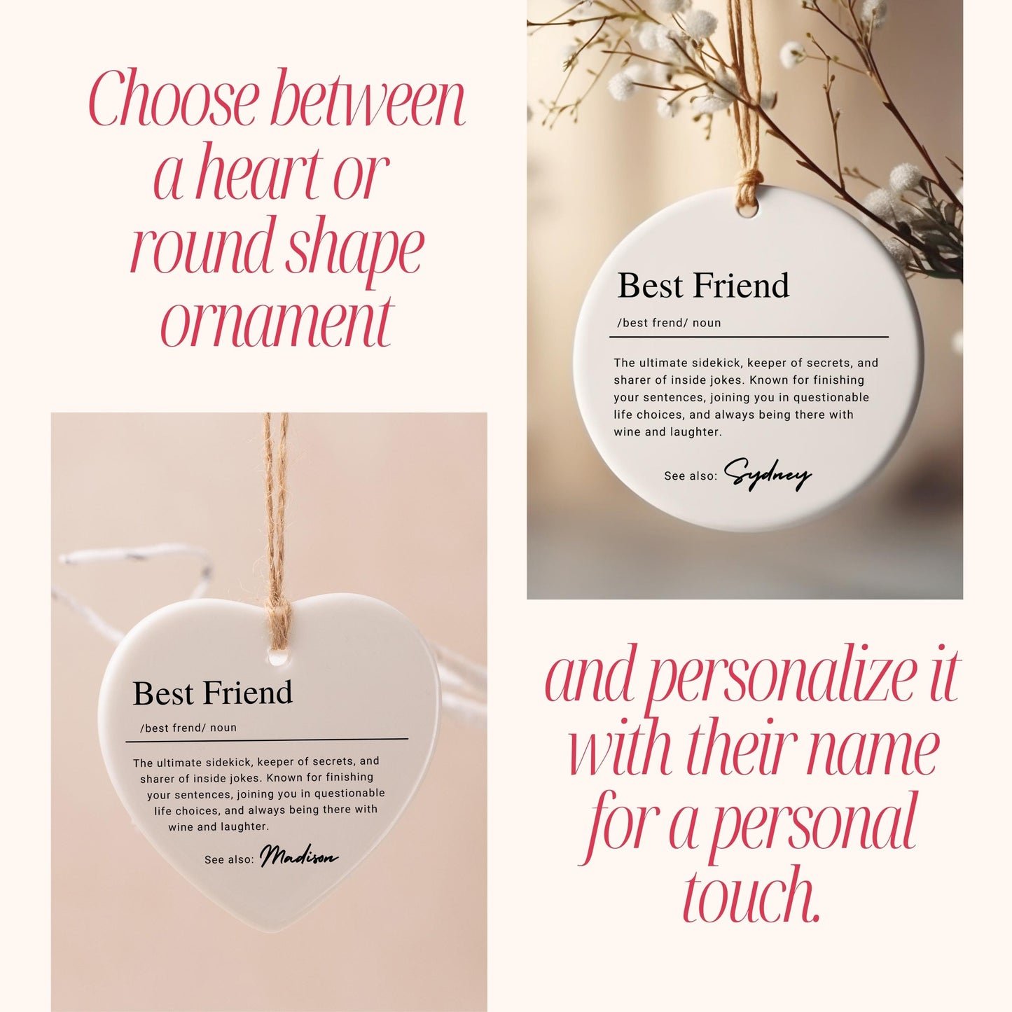 Personalized Funny Best Friend Keepsake Ornament, Custom Ceramic Name Definition Ornament, Friendship Christmas Gift, Bestie Birthday Gift
