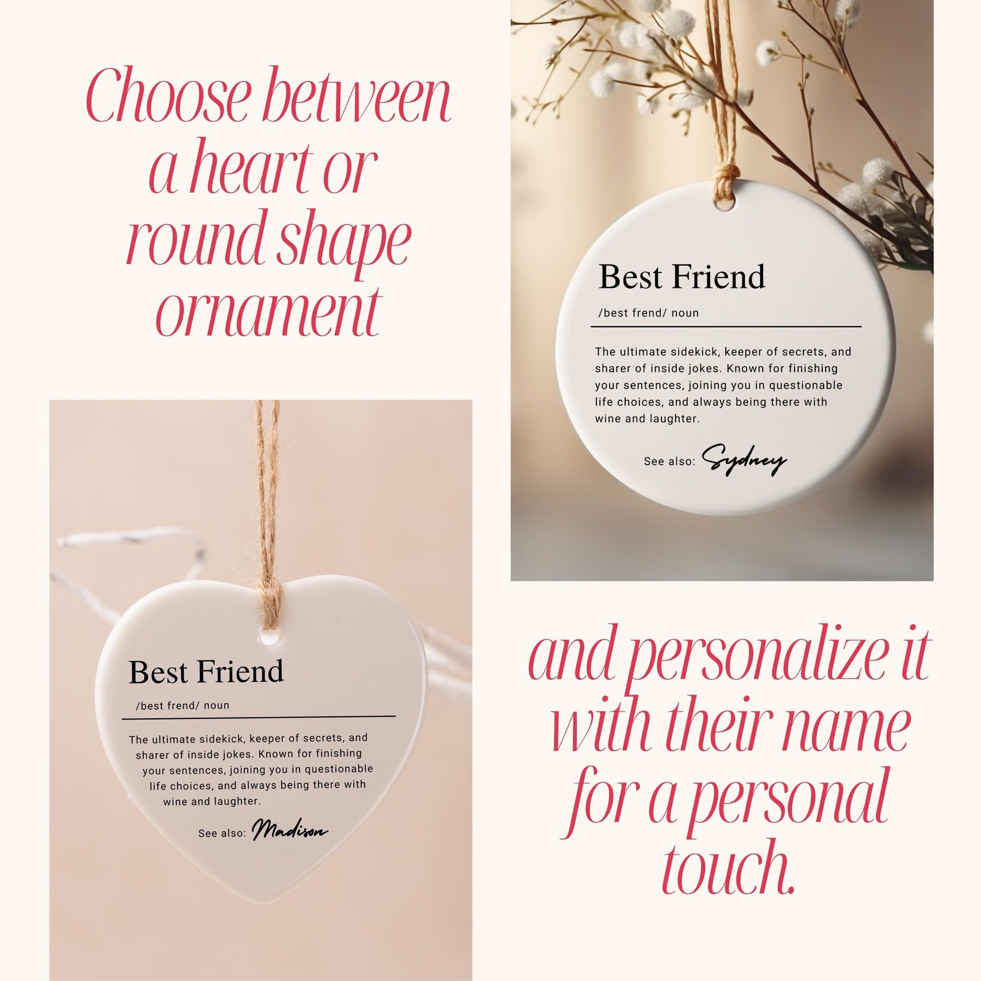 Personalized Funny Best Friend Keepsake Ornament, Custom Ceramic Name Definition Ornament, Friendship Christmas Gift, Bestie Birthday Gift