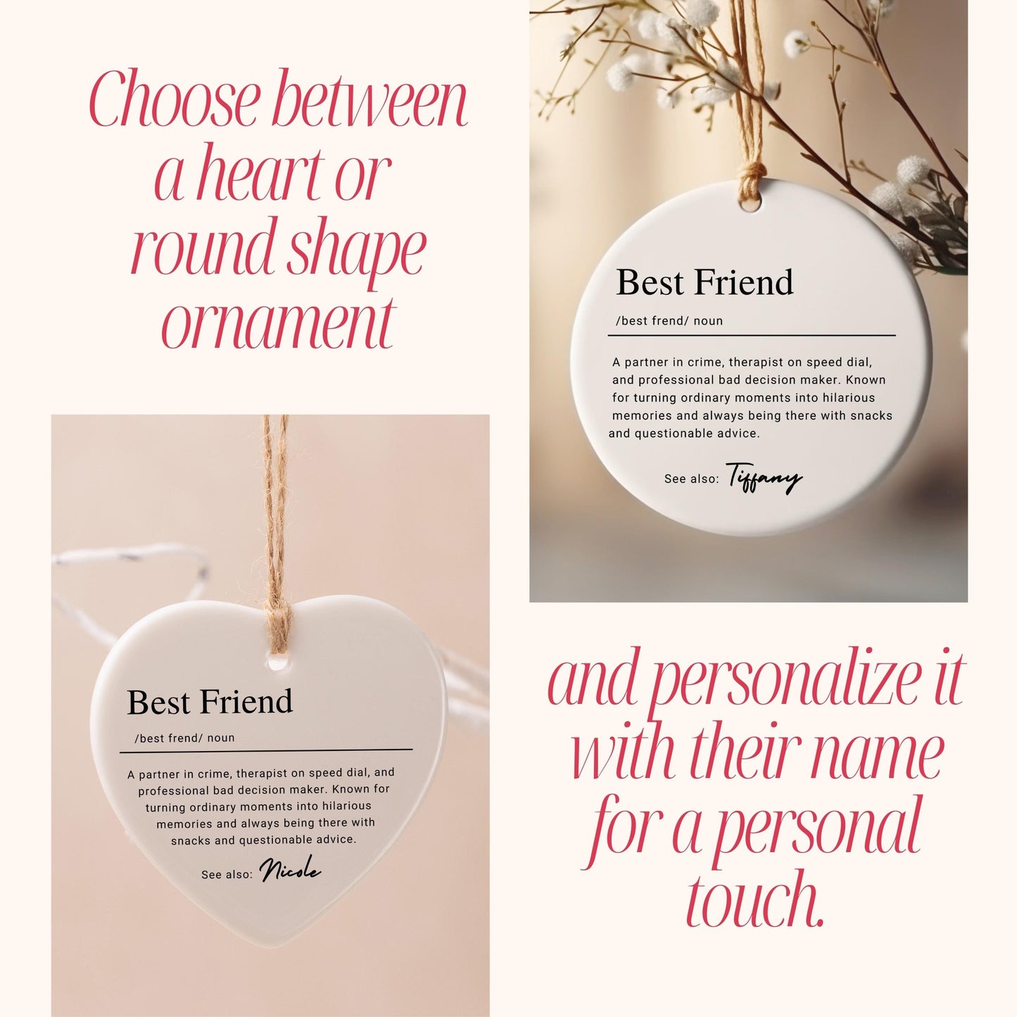 Personalized Best Friend Keepsake Ornament, Custom Ceramic Name Definition Friendship Ornament, Bestie Christmas Gift, Friend Birthday Gift