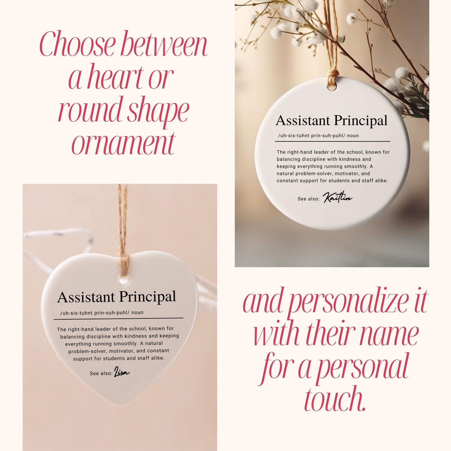 Personalized Assistant Principle Keepsake Ornament, Custom Ceramic Ornament with Name, Christmas Gift Idea for School Staff & Teacher