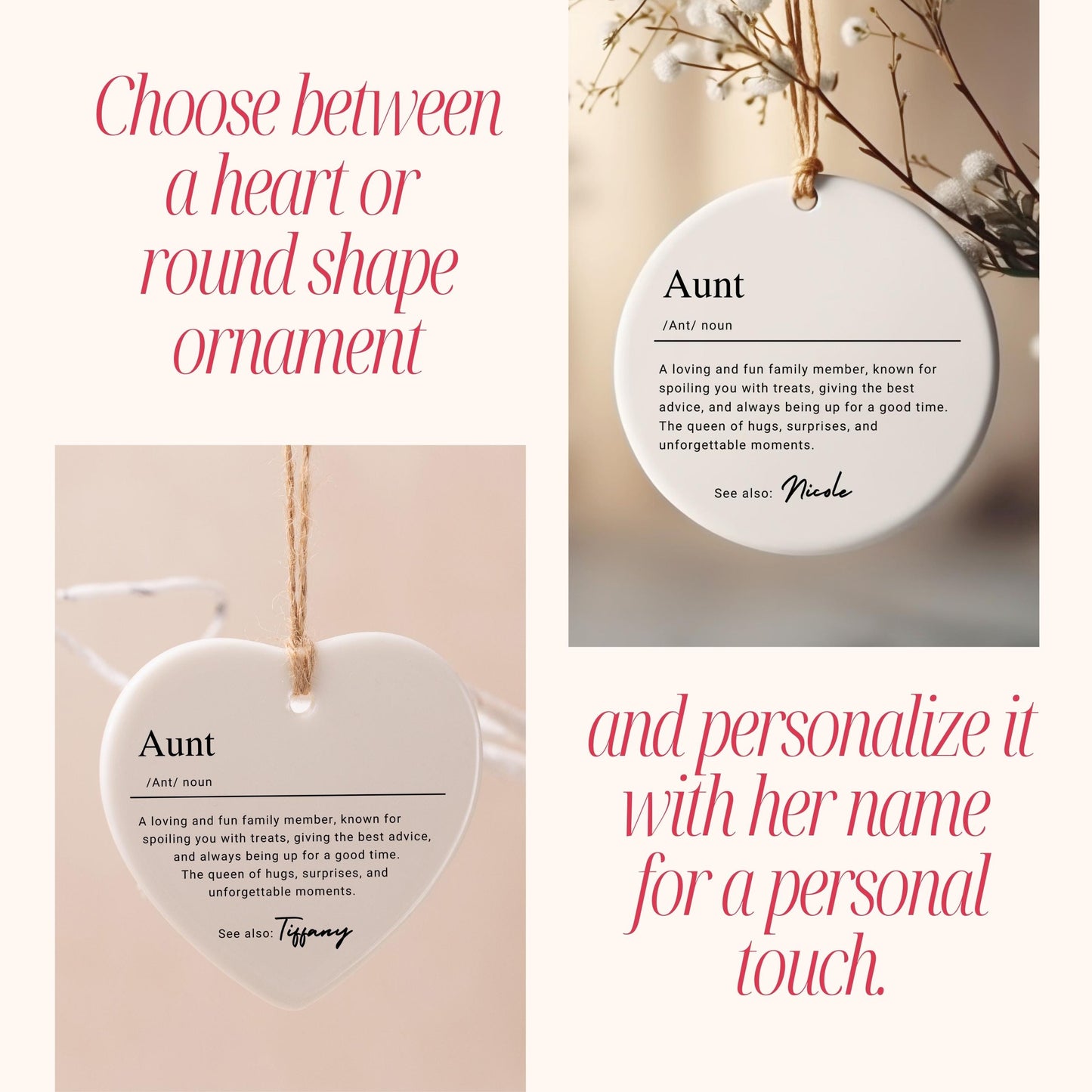 Personalized Aunt Keepsake Ornament, Custom Ceramic Ornament with Name, Christmas Gift Idea for Auntie, Birthday Sentimental Gift for Aunt