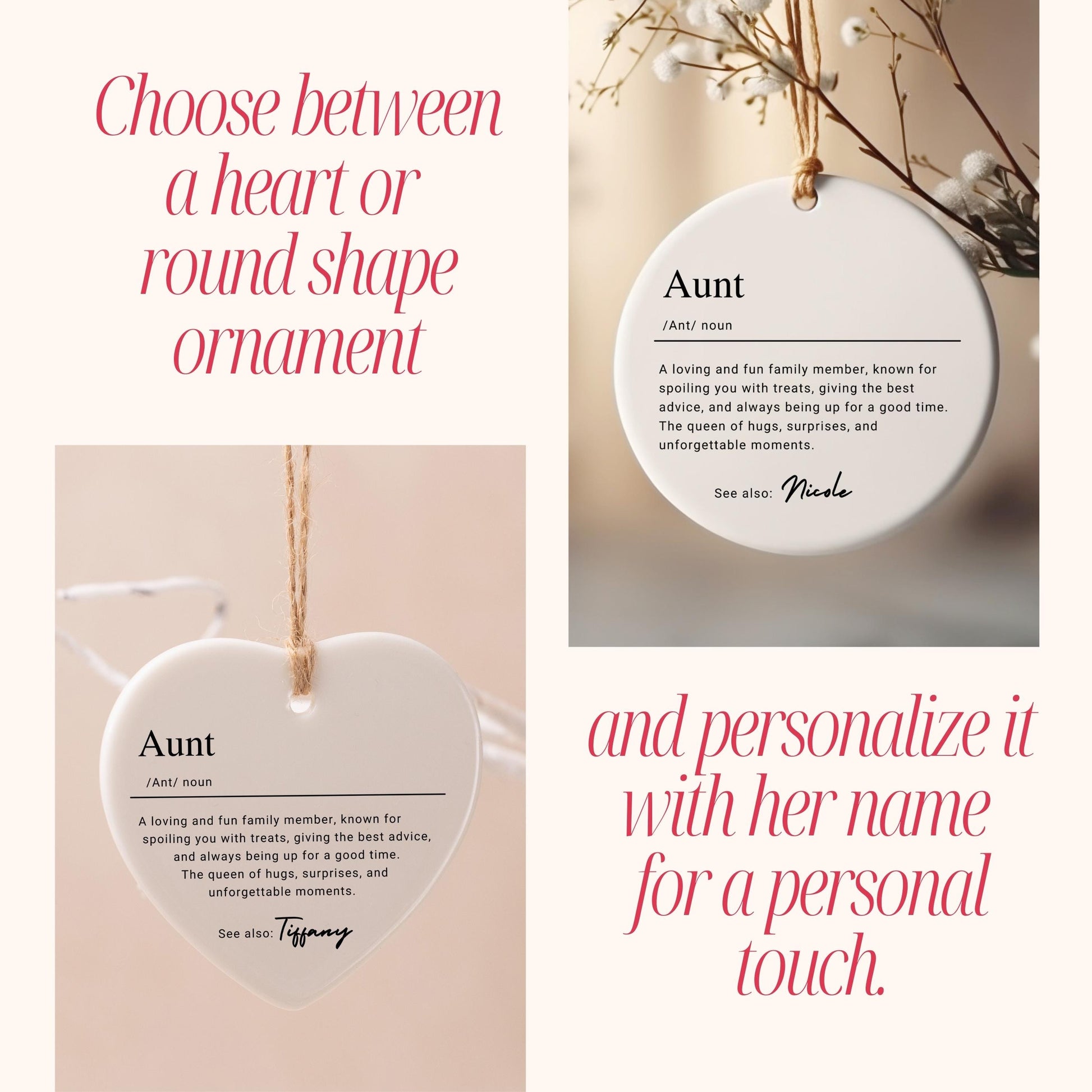 Personalized Aunt Keepsake Ornament, Custom Ceramic Ornament with Name, Christmas Gift Idea for Auntie, Birthday Sentimental Gift for Aunt