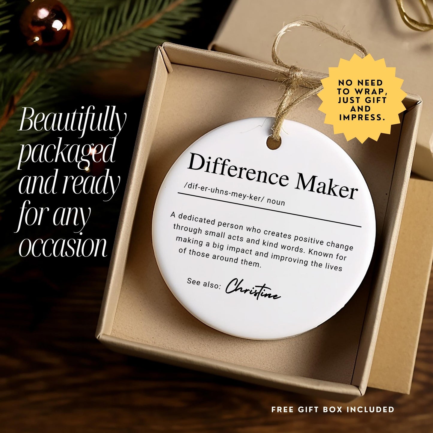 Personalized Difference Maker Ornament, Custom Ceramic Ornament with Name Definition, Mentor Christmas Gift, Teacher Thank You Keepsake