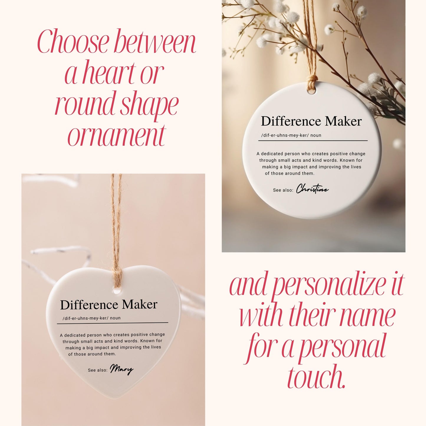 Personalized Difference Maker Ornament, Custom Ceramic Ornament with Name Definition, Mentor Christmas Gift, Teacher Thank You Keepsake