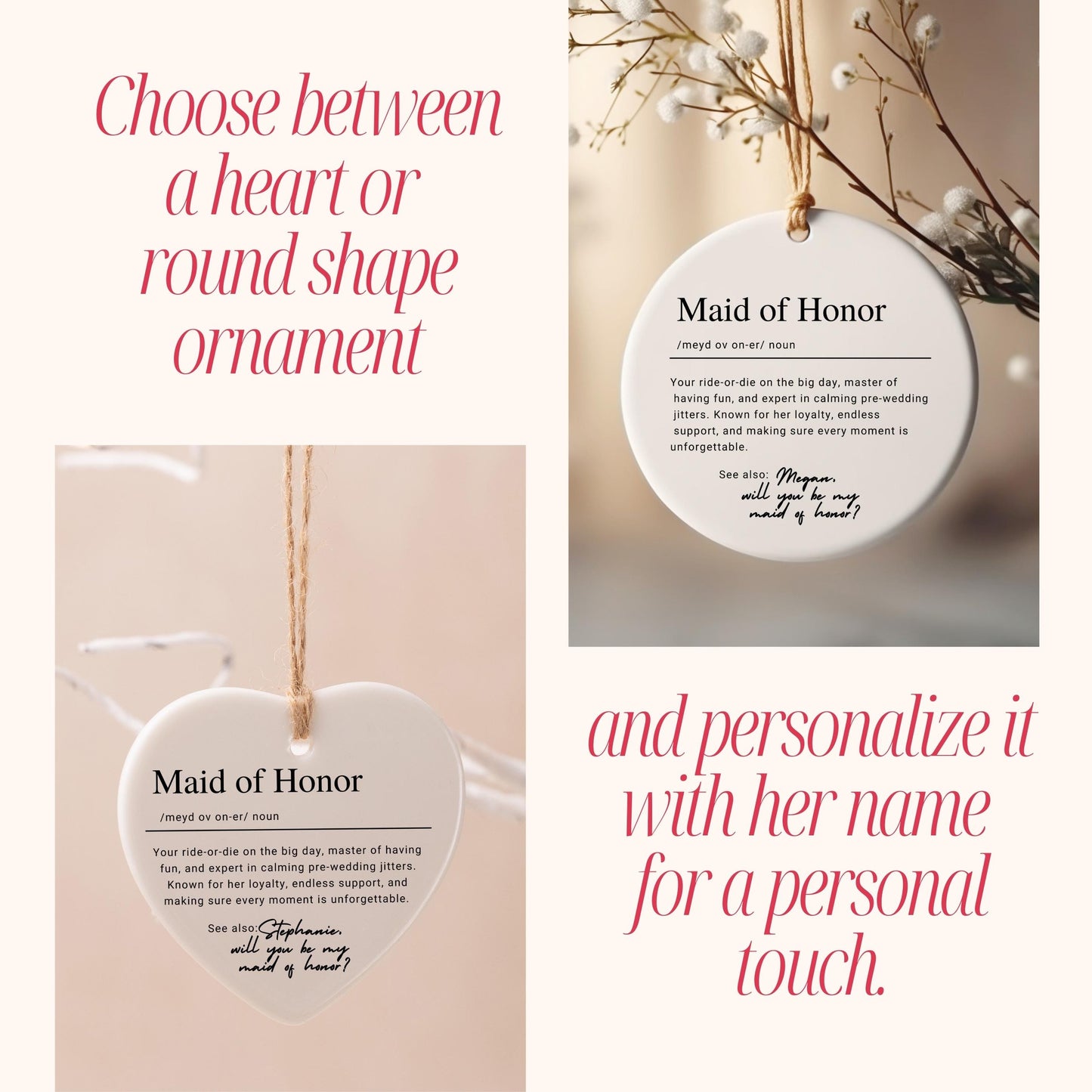 Personalized Maid of Honor Proposal Ornament, Custom Ceramic Ornament Name Christmas Gift, Bridal Party Thank You Wedding Day Keepsake Gift
