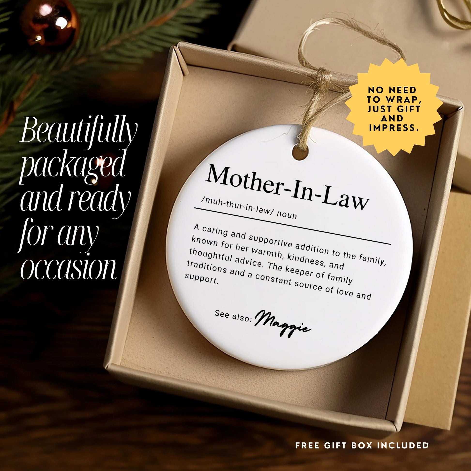 Personalized Mother In Law Ornament, Custom Ceramic Ornament with Name Definition, MIL Birthday Gift, Family Keepsake Christmas Ornament