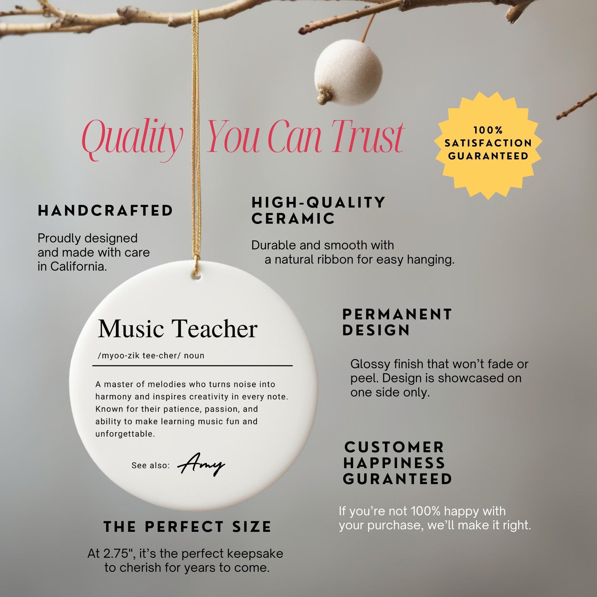 Personalized Music Teacher Keepsake Ornament, Custom Ceramic Ornament with Name Definition, Staff Christmas Gift, Thank You Recognition Gift