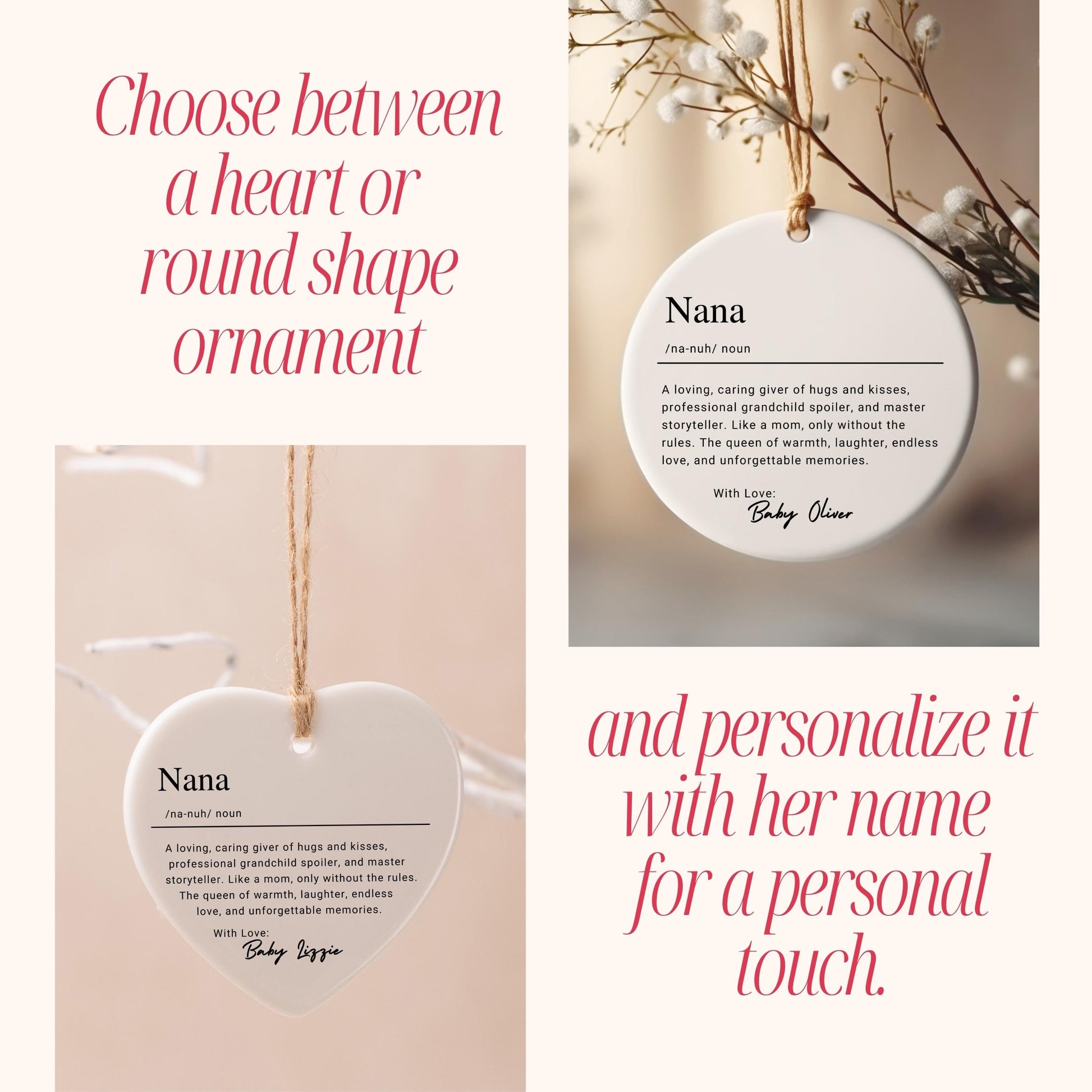 Personalized Nana Ornament, Custom Ceramic Ornament with Name Definition, Birthday Gift, Family Keepsake Christmas Ornament From Grandkids