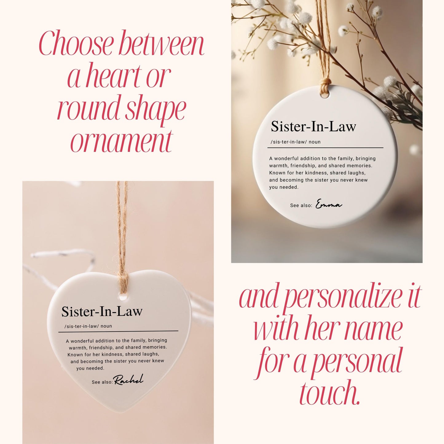 Personalized Sister In Law Ornament, Custom Ceramic Ornament with Name Definition, SIL Birthday Gift, Family Keepsake Christmas Ornament
