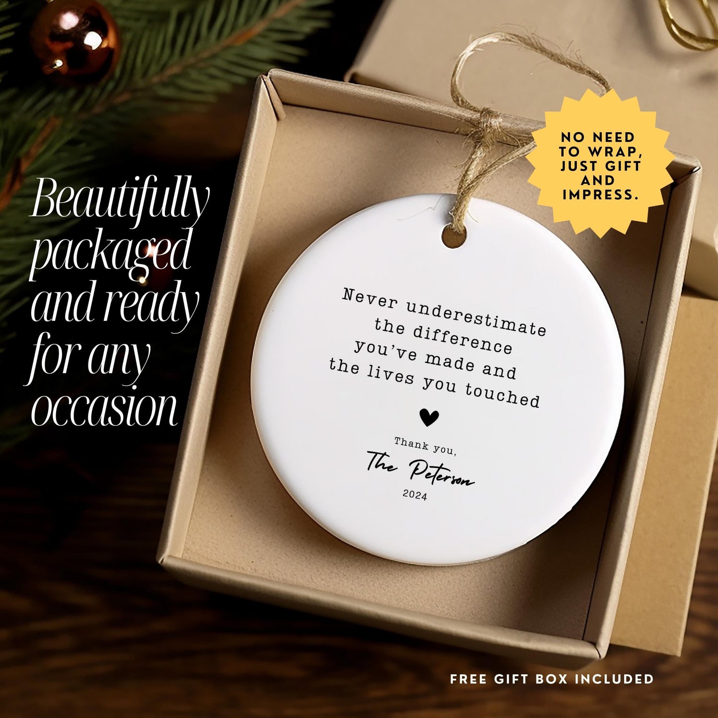 Personalized Thank You Ornament, Custom Ceramic Ornament With Name, Appreciation Gift, Meaningful Christmas Keepsake for Teacher & Mentor