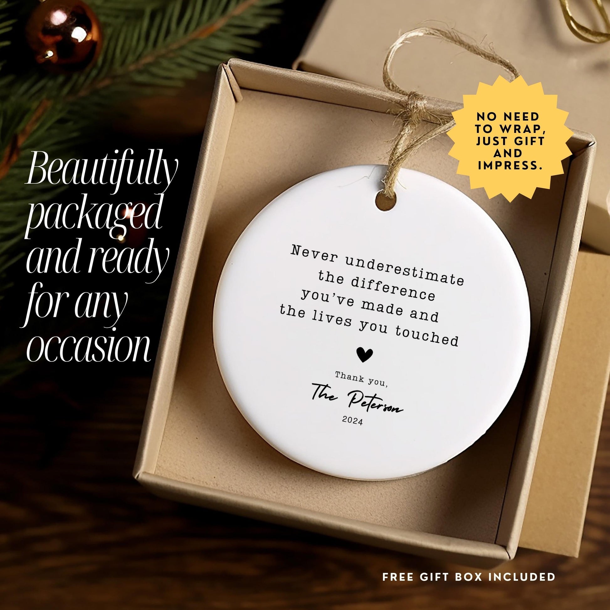 Personalized Thank You Ornament, Custom Ceramic Ornament With Name, Appreciation Gift, Meaningful Christmas Keepsake for Teacher & Mentor