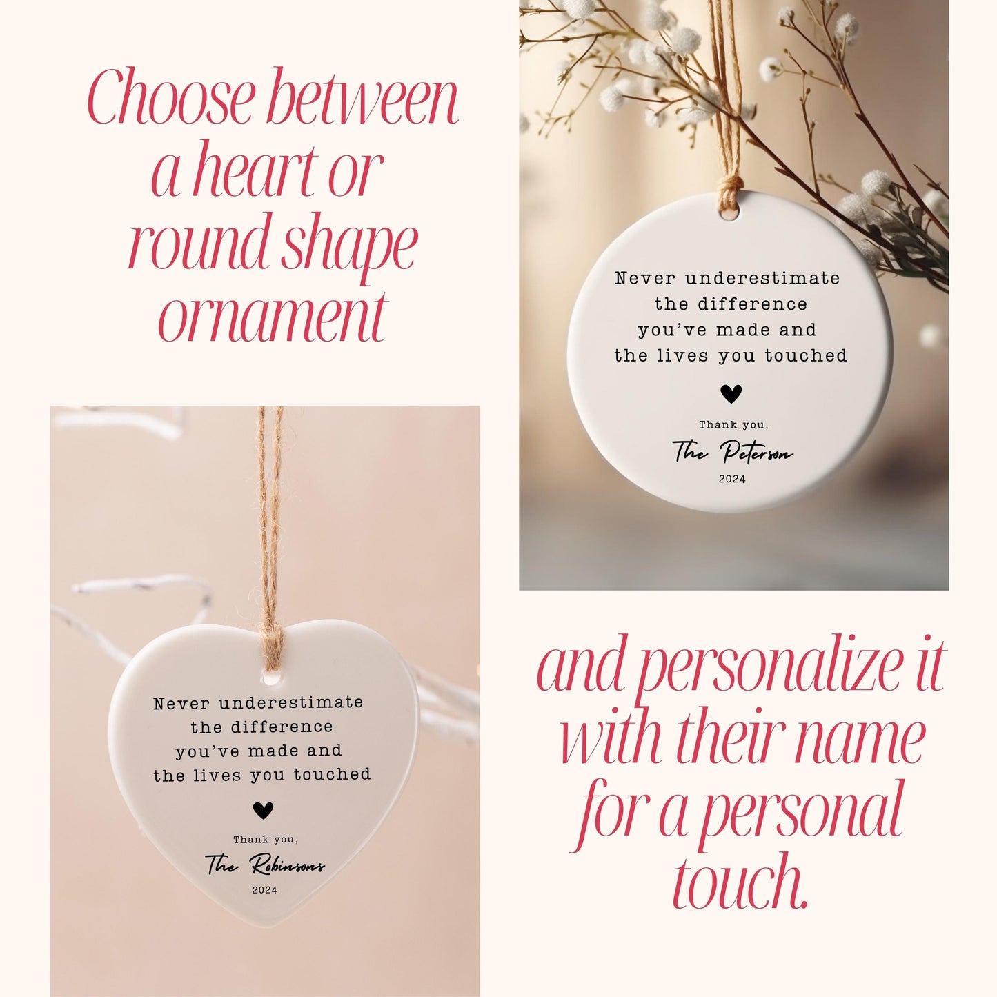 Personalized Thank You Ornament, Custom Ceramic Ornament With Name, Appreciation Gift, Meaningful Christmas Keepsake for Teacher & Mentor