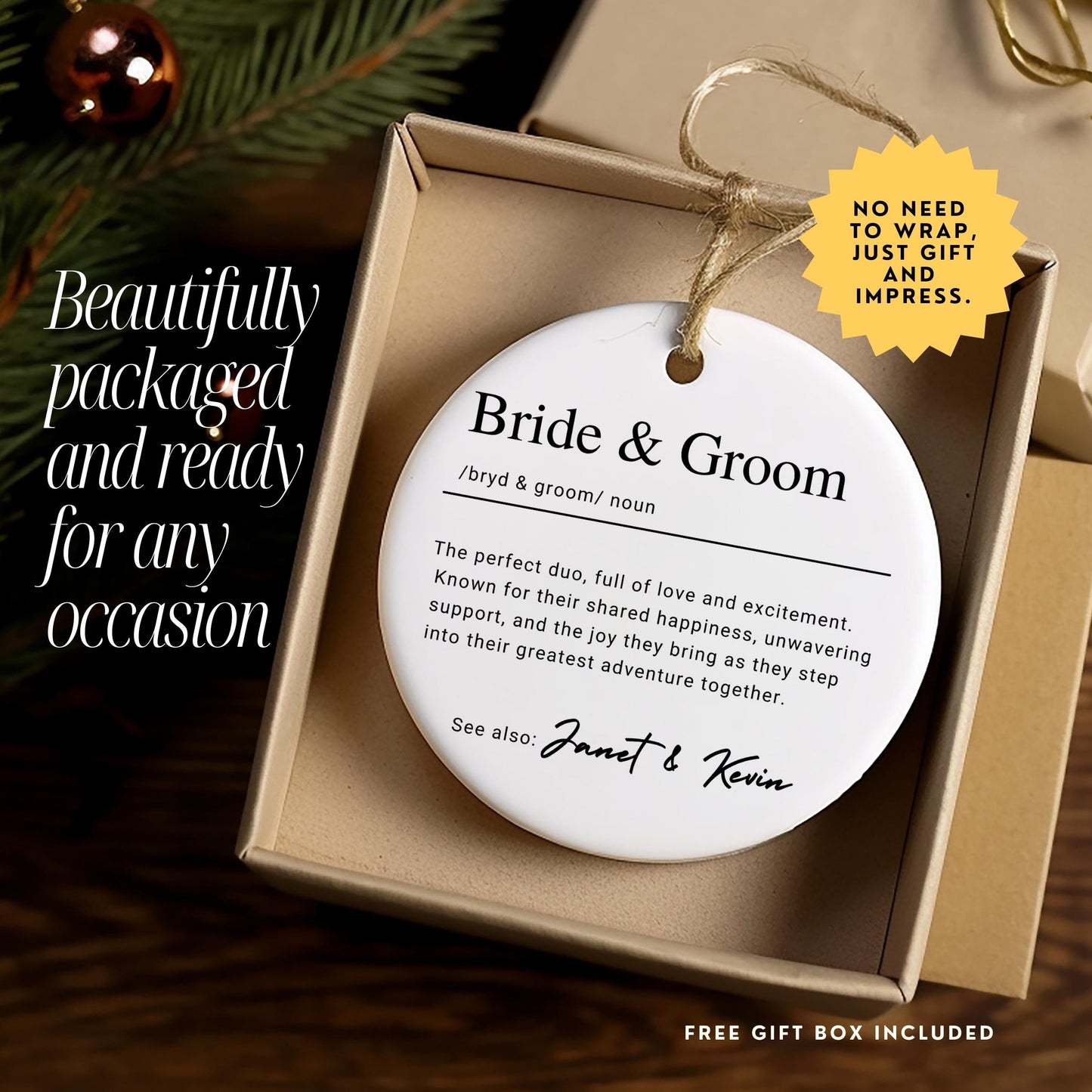 Personalized Bride & Groom Keepsake Wedding Ornament, Custom Ceramic Definition Ornament, Christmas Gift for Married Couple, Engagement Gift