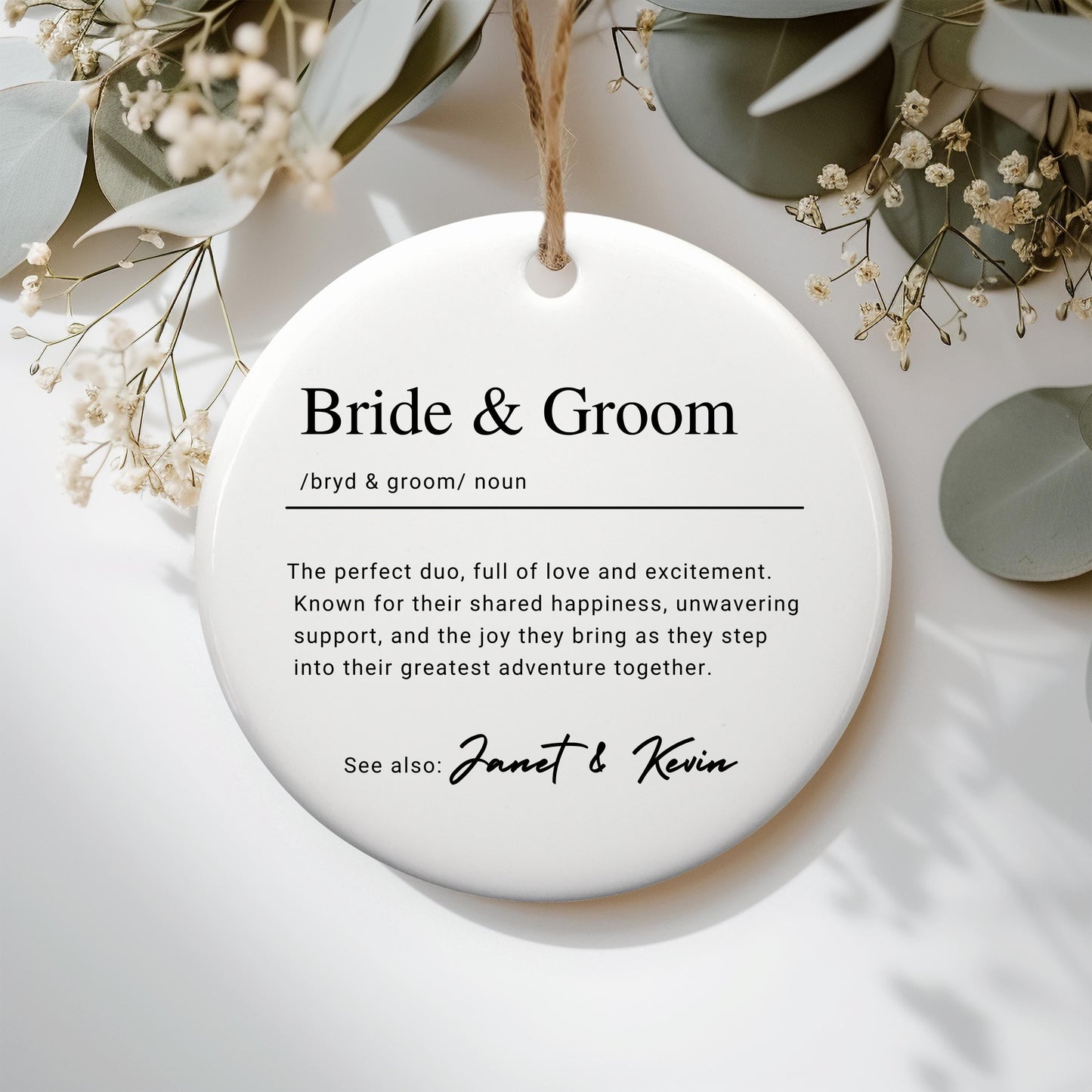 Personalized Bride & Groom Keepsake Wedding Ornament, Custom Ceramic Definition Ornament, Christmas Gift for Married Couple, Engagement Gift