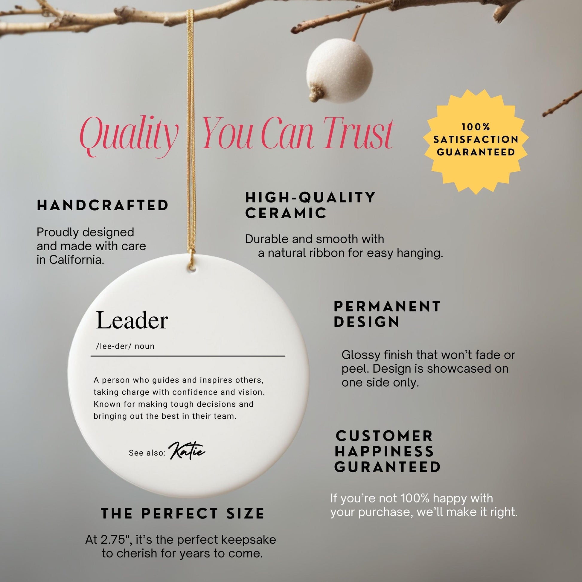 Personalized Leader Ornament, Custom Ceramic Ornament with Name Definition, Mentor Christmas Gift, Boss or Team Lead Appreciation Gift