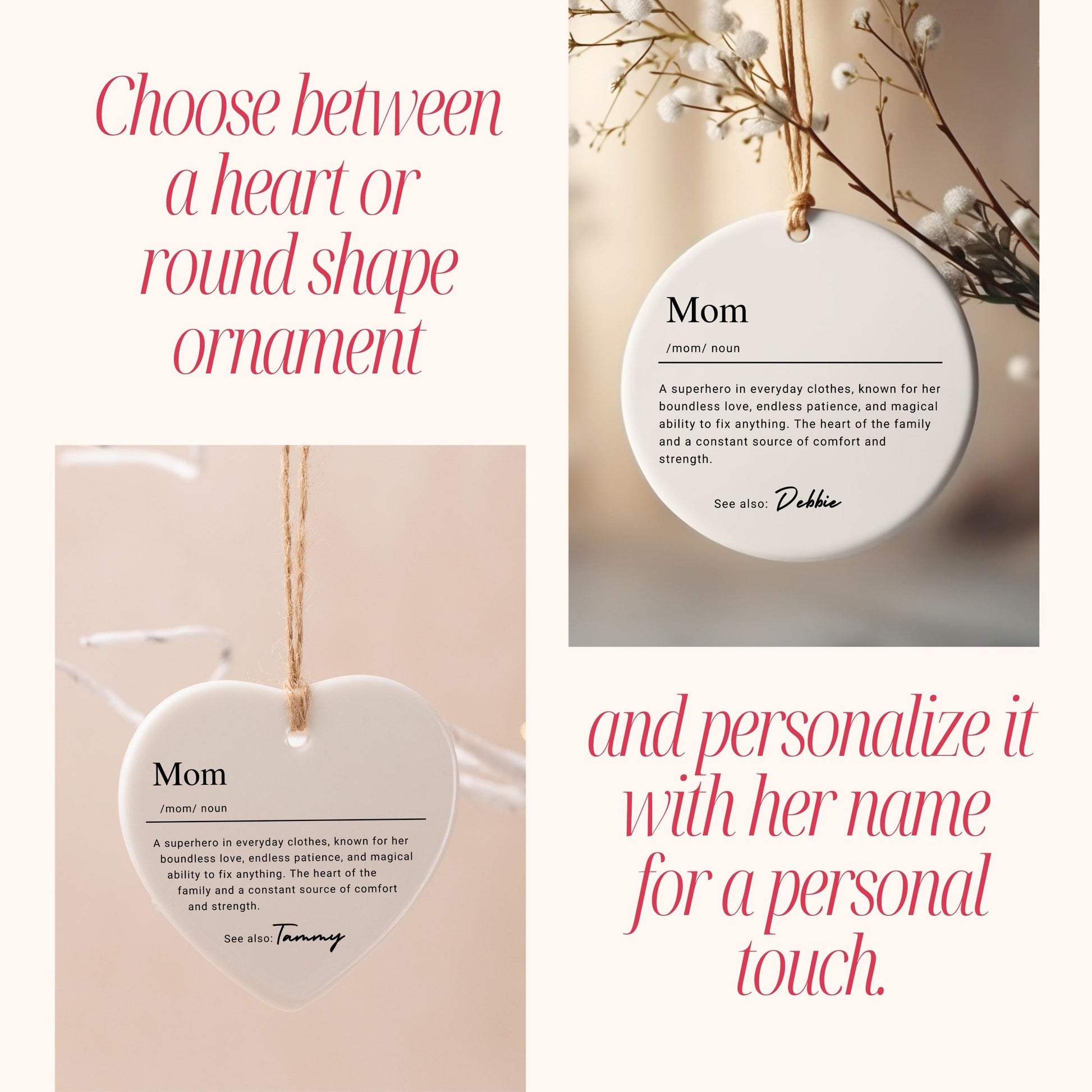 Personalized Mom Ornament, Custom Ceramic Ornament with Name Definition, Mother Birthday Gift, Mama Family Keepsake Christmas Ornament