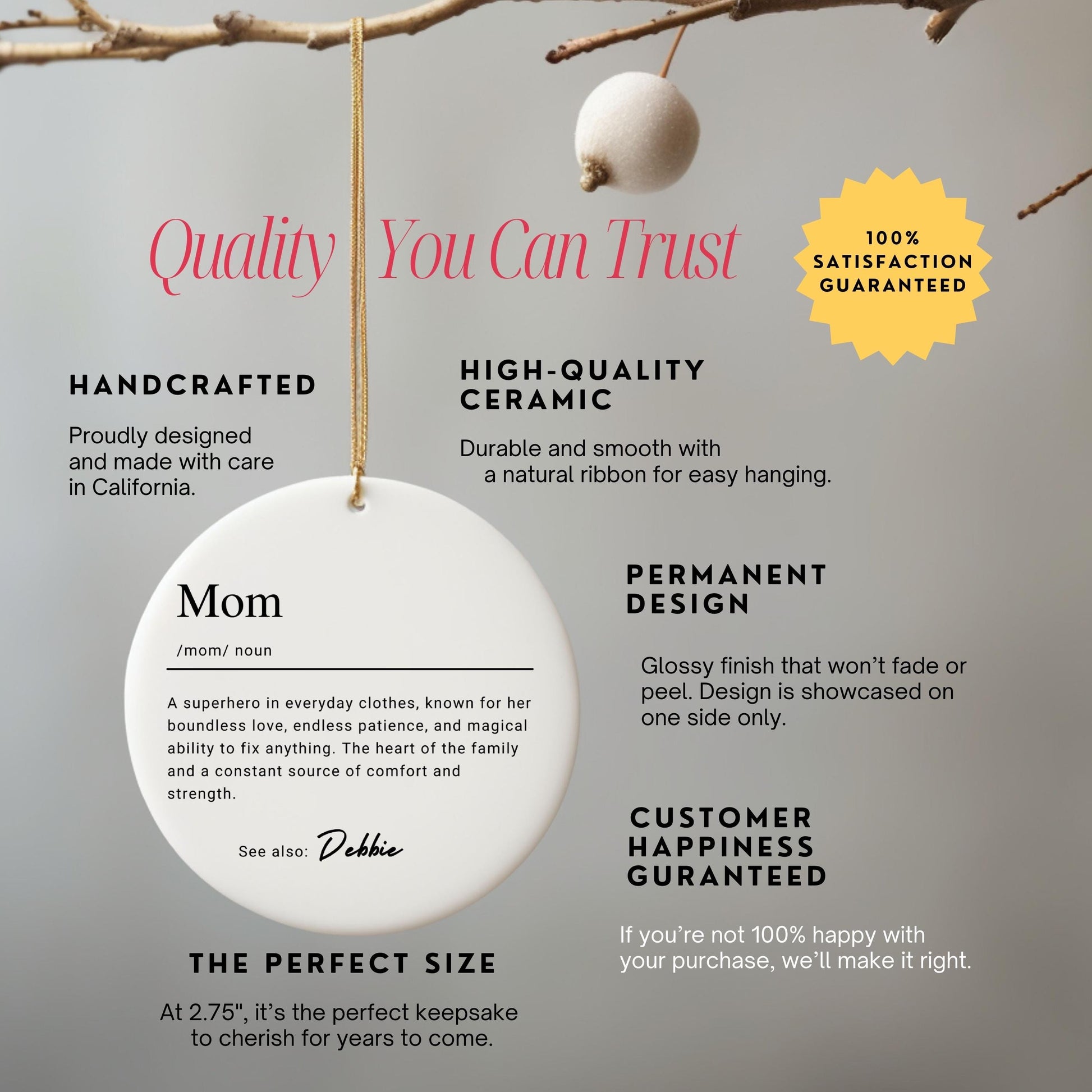 Personalized Mom Ornament, Custom Ceramic Ornament with Name Definition, Mother Birthday Gift, Mama Family Keepsake Christmas Ornament