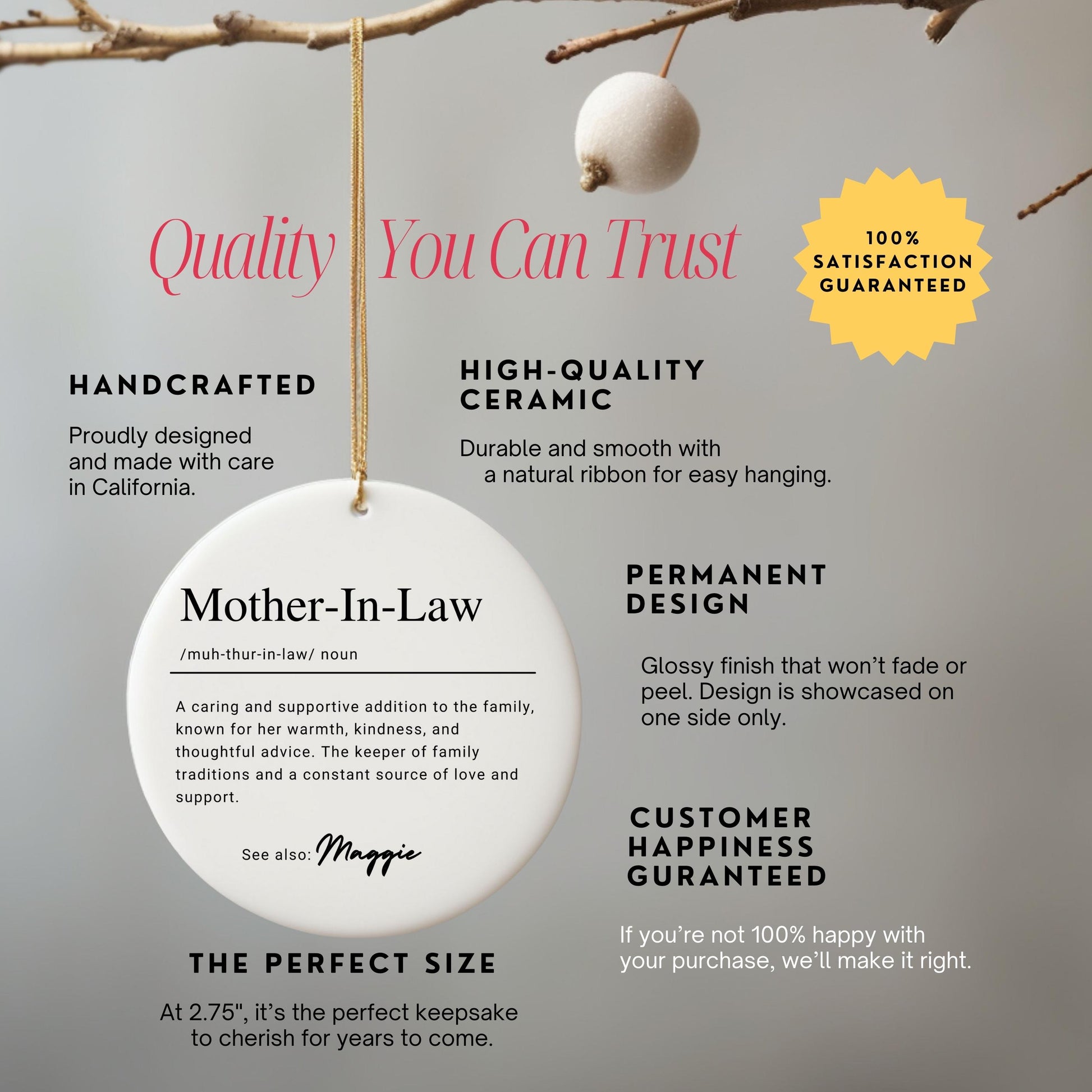 Personalized Mother In Law Ornament, Custom Ceramic Ornament with Name Definition, MIL Birthday Gift, Family Keepsake Christmas Ornament