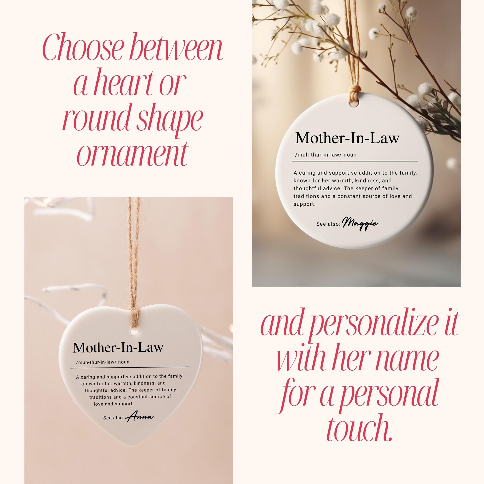 Personalized Mother In Law Ornament, Custom Ceramic Ornament with Name Definition, MIL Birthday Gift, Family Keepsake Christmas Ornament