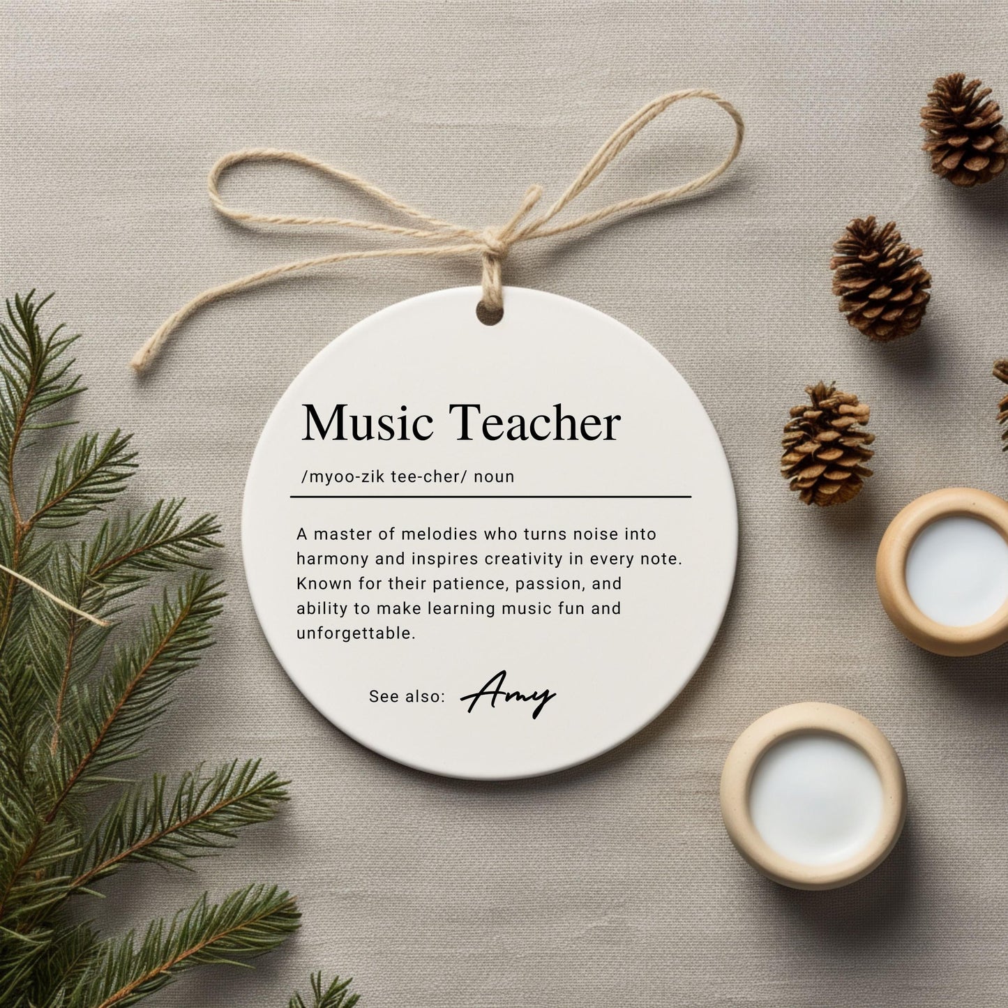 Personalized Music Teacher Keepsake Ornament, Custom Ceramic Ornament with Name Definition, Staff Christmas Gift, Thank You Recognition Gift
