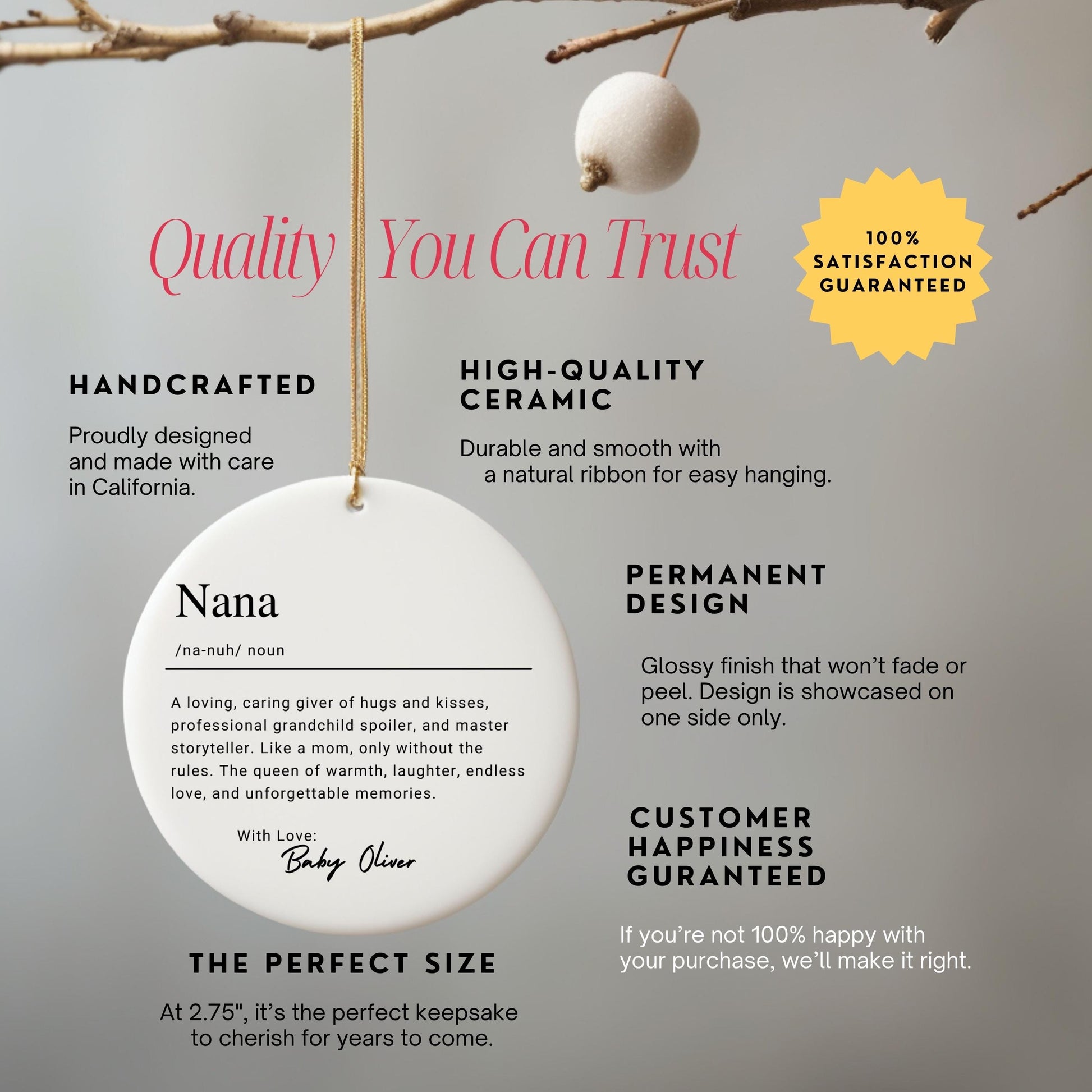 Personalized Nana Ornament, Custom Ceramic Ornament with Name Definition, Birthday Gift, Family Keepsake Christmas Ornament From Grandkids