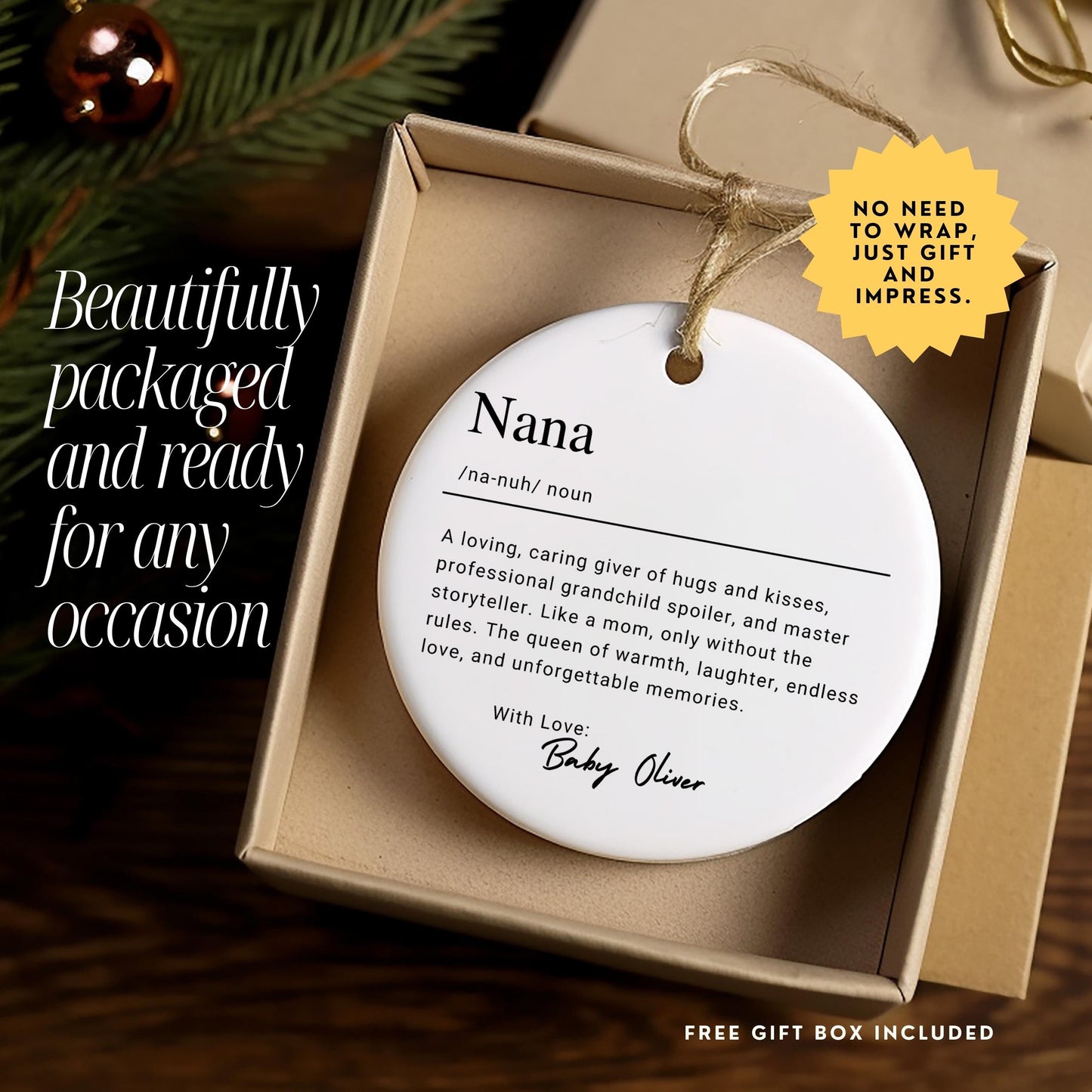 Personalized Nana Ornament, Custom Ceramic Ornament with Name Definition, Birthday Gift, Family Keepsake Christmas Ornament From Grandkids