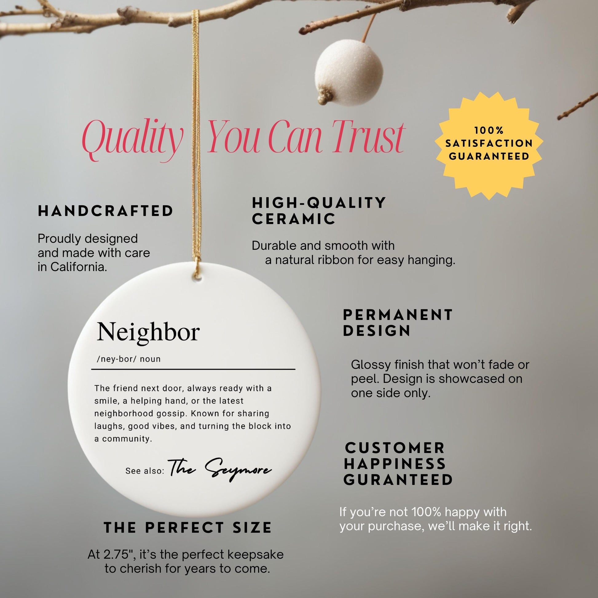 Personalized Neighbor Ornament, Custom Ceramic Ornament with Name Definition, Neighbor Christmas Gift, Friendship Keepsake Gift for Neighbor