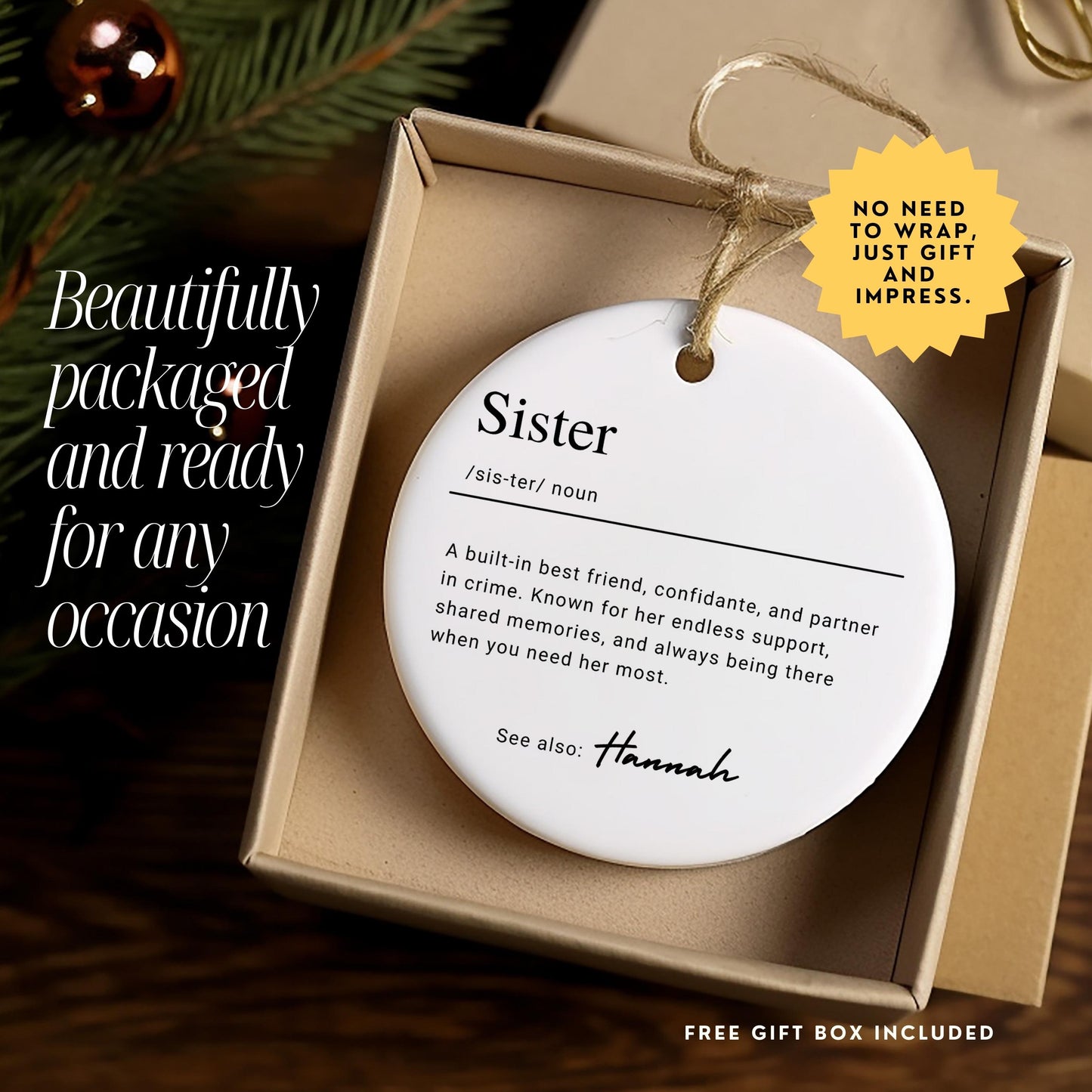 Personalized Sister Ornament, Custom Ceramic Ornament with Name Definition, Sibling Sis Birthday Gift, Family Keepsake Christmas Ornament