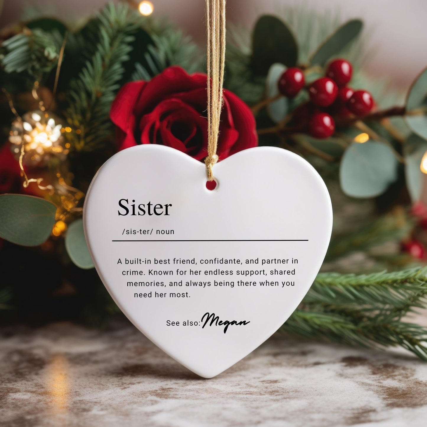 Personalized Sister Ornament, Custom Ceramic Ornament with Name Definition, Sibling Sis Birthday Gift, Family Keepsake Christmas Ornament