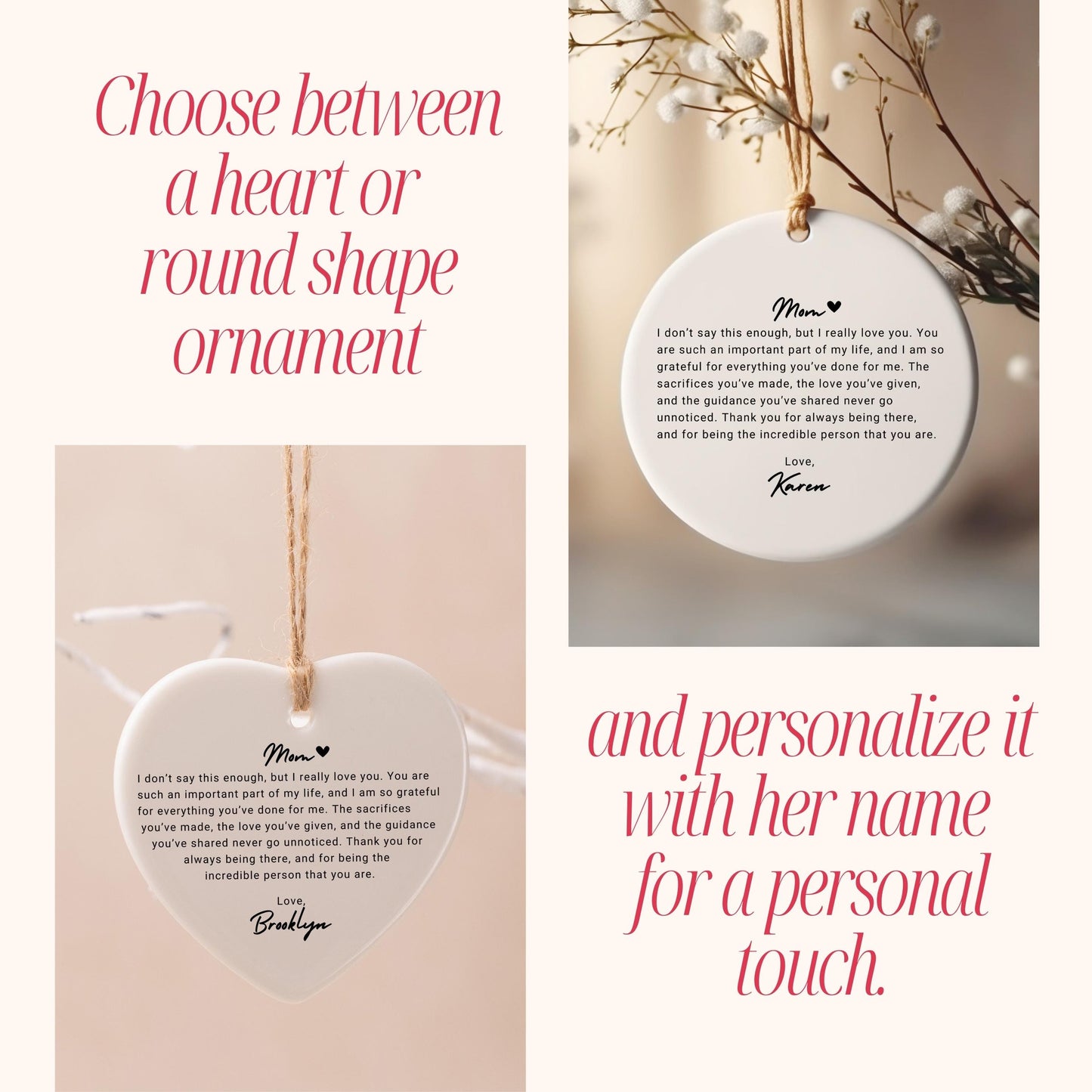 Personalized Mom Ornament, Custom Ceramic Ornament with, Thoughtful Gift for Mom Birthday, Mama Mothers Day or Christmas Keepsake Gift